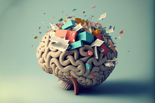  A Brain With Many Papers Flying Out Of It's Side And A Blue Background With A Few Pieces Of Paper Flying Out Of It.  Generative Ai