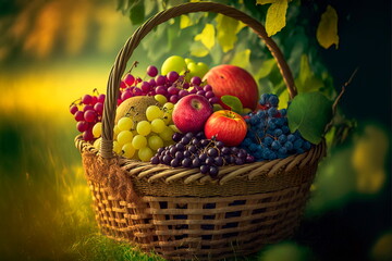 A large wicker basket with fruit stands on the green grass.  Generative AI