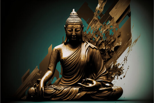 Abstract meditating buddha statue with modern design background. Designed using generative ai. 