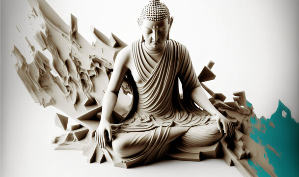 Abstract meditating buddha statue with modern design background. Designed using generative ai. 