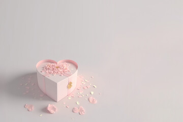 Heart-shaped gift box with ribbon and flowers, generative AI