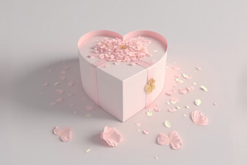 Heart-shaped gift box with ribbon and flowers, generative AI
