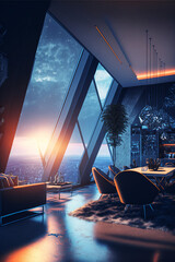 Futuristic apartment penthouse interior with modern design. Desinged using Generative AI. 