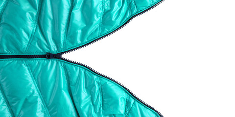 Open zipper on blue green winter down jacket isolated on white background with copy space