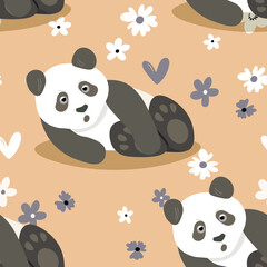 Seamless pattern with cute panda baby on color floral background. Funny asian animals. Card, postcards for kids. Flat vector illustration for fabric, textile, wallpaper, poster, gift wrapping paper