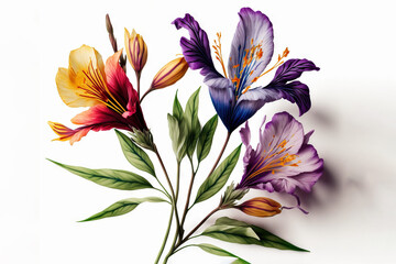  a painting of a bunch of flowers on a white background with a green stem and two purple flowers with green leaves on the stem and one flower with a yellow stem.  generative ai