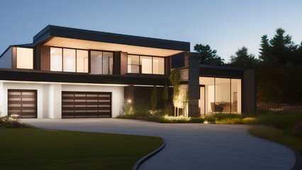 Fototapeta premium modern house in the suburbs, luxurious, in the middle of the environment, Generative AI