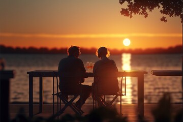  two people sitting at a table with a sunset in the background and a lake in the foreground with a boat in the distance, and a person sitting at a table with a drink.  generative ai