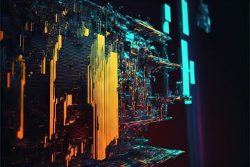  a computer processor with a colorful background of neon lights and a black background with a yellow and blue pattern on the side of the processor.  generative ai
