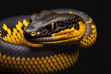  a yellow and black snake with a black background and a black background with a yellow stripe on the head and neck of the snake, with a black background with.  generative ai
