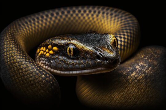  A Yellow And Black Snake With A Black Background And A Black Background With A Yellow Stripe On The Head And Neck Of The Snake, With A Black Background With A.  Generative Ai