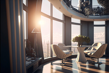 Futuristic apartment penthouse interior with modern design. Desinged using Generative AI. 