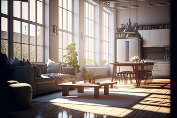 Modern living room interior in a minimalist design. Designed using Generative AI.