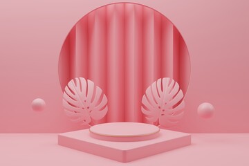 abstract geometric shape podium for product display with monstera leaf on pink background 3d rendering