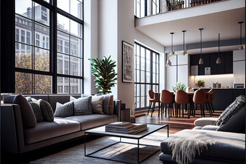 Modern living room interior in a penthouse with huge windows. Designed using generative ai.  - obrazy, fototapety, plakaty