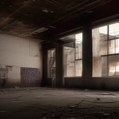 Fototapeta na wymiar Inside an abandoned warehouse, where the darkness is all-encompassing