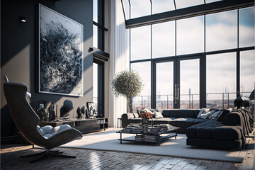Modern living room interior in a penthouse with huge windows. Designed using generative ai.  - obrazy, fototapety, plakaty