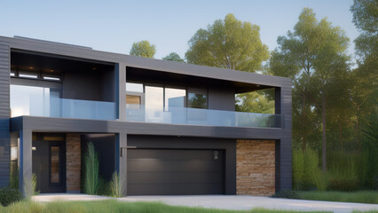 modern house in the suburbs, mansion, luxurious, in the middle of the environment, Generative AI