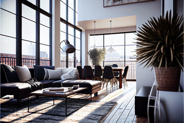 Modern living room interior in a penthouse with huge windows. Designed using generative ai. 