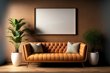  a living room with a couch and a plant in it and a picture frame on the wall above it that says morlle moortraccili.  generative ai