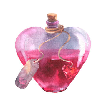 Watercolor love potion elixir in heart shaped bottle with tag and diamond illustration. Hand drawn pink vial clipart element isolated on transparent background.