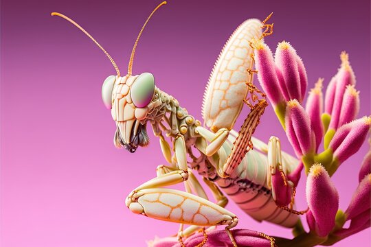  a close up of a praying mantissa on a flower stem with a pink background and a pink background behind it, with a pink background with a pink and white border.  generative ai