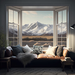 Living room interior with couch and mountain view through bay window - generative ai - obrazy, fototapety, plakaty