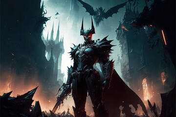 A modern fantasy world with and warrior standing at the entry gate with swords and weapons for the war. Epic war. Generative AI