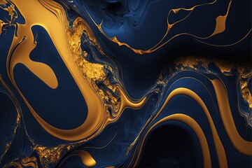  a very abstract painting with gold and blue colors on it's surface, with a black background and a gold swirl on the bottom.  generative ai