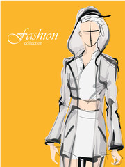 Beautiful young girl in stylish clothes. Fashion woman look. Sale concept. Hand-drawn fashion illustration. Cute girl in fashion clothes.