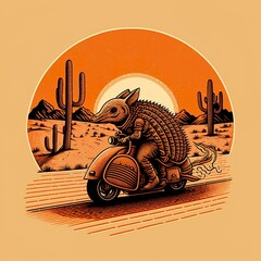 Armadillo, riding motorcycle, scooter, desert, cactus, sun