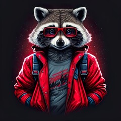 Raccoon wearing eighties jacket 