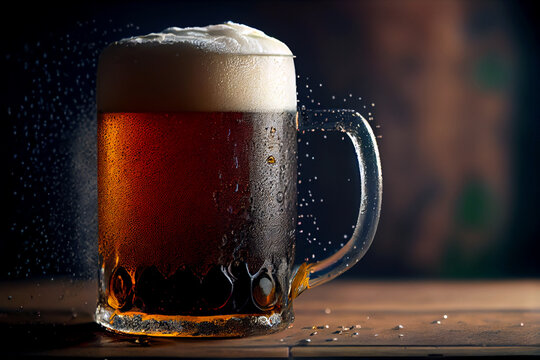 Golden Refreshment: A Close-Up Photography of a Cold Full Pint of Beer Glass on a Wooden Pub Table, Featuring Golden Lager or Ale with Foam