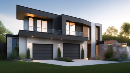 modern house in the suburbs, mansion, luxurious, in the middle of the environment, Generative AI