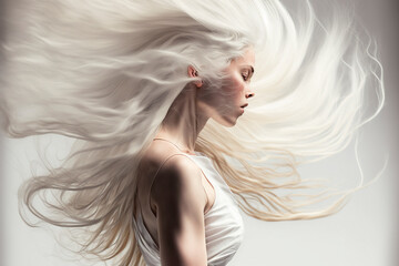 Close-up portrait of a beautiful woman with long white or blonde fluttering hair on a light background, isolated - not based on a real person, Generative AI