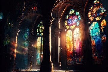  a large cathedral with stained glass windows and a clock tower in the center of the room with a light coming through the windows on the floor.  generative ai