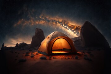 Fototapeta na wymiar a tent in the desert with a view of the milky and a distant star in the sky above it, with a mountain range in the background. generative ai