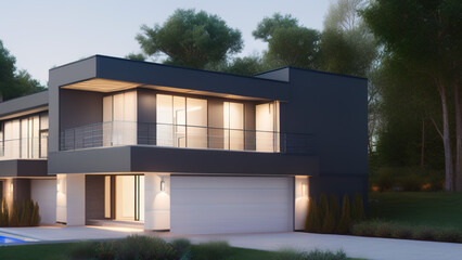modern house in the suburbs, mansion, luxurious, in the middle of the environment, Generative AI