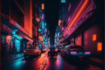  a city street filled with traffic at night with neon lights on buildings and cars driving down the street at night time, with neon lights on the buildings.  generative ai