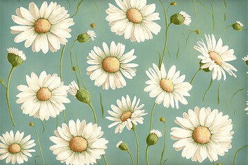  a painting of a bunch of daisies on a blue background with a green background and a white border with a yellow center and a green center.  generative ai