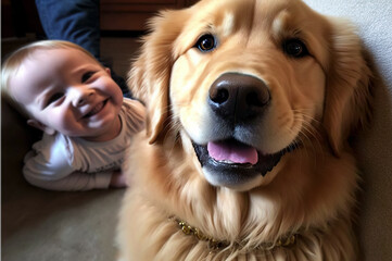 Golden Retriever close up of a pet dog with a happy child on the floor smiling in the background.