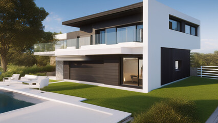 Fototapeta premium modern house in the suburbs, mansion, luxurious, in the middle of the environment, Generative AI