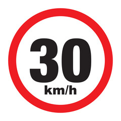 Maximum Speed limit sign 30 km/h. Isolated road sign icon on white background.
