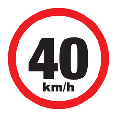 Maximum Speed limit sign 40 km/h. Isolated road sign icon on white background.