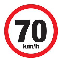 Maximum Speed limit sign 70 km/h. Isolated road sign icon on white background.