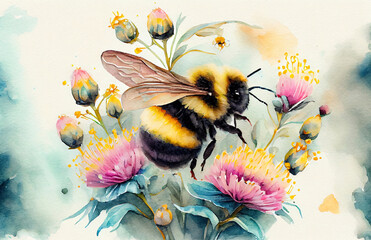 Watercolor painting of cute bumblebee flying in flowers.
Digitally generated AI image. - obrazy, fototapety, plakaty