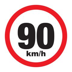 Maximum Speed limit sign 90 km/h. Isolated road sign icon on white background.