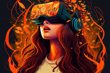 Girl with VR virtual reality headset on close up orange Generative AI