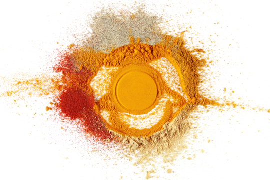 Frame mix spice, turmeric, cayenne pepper, ground ginger, curry, minced white pepper, isolated on white, top view