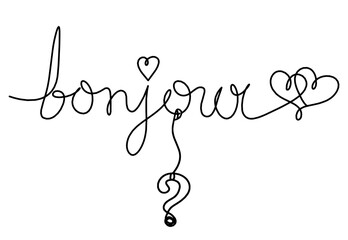 Calligraphic inscription of word "bonjour", "hello" with question mark as continuous line drawing on white  background © suns07butterfly